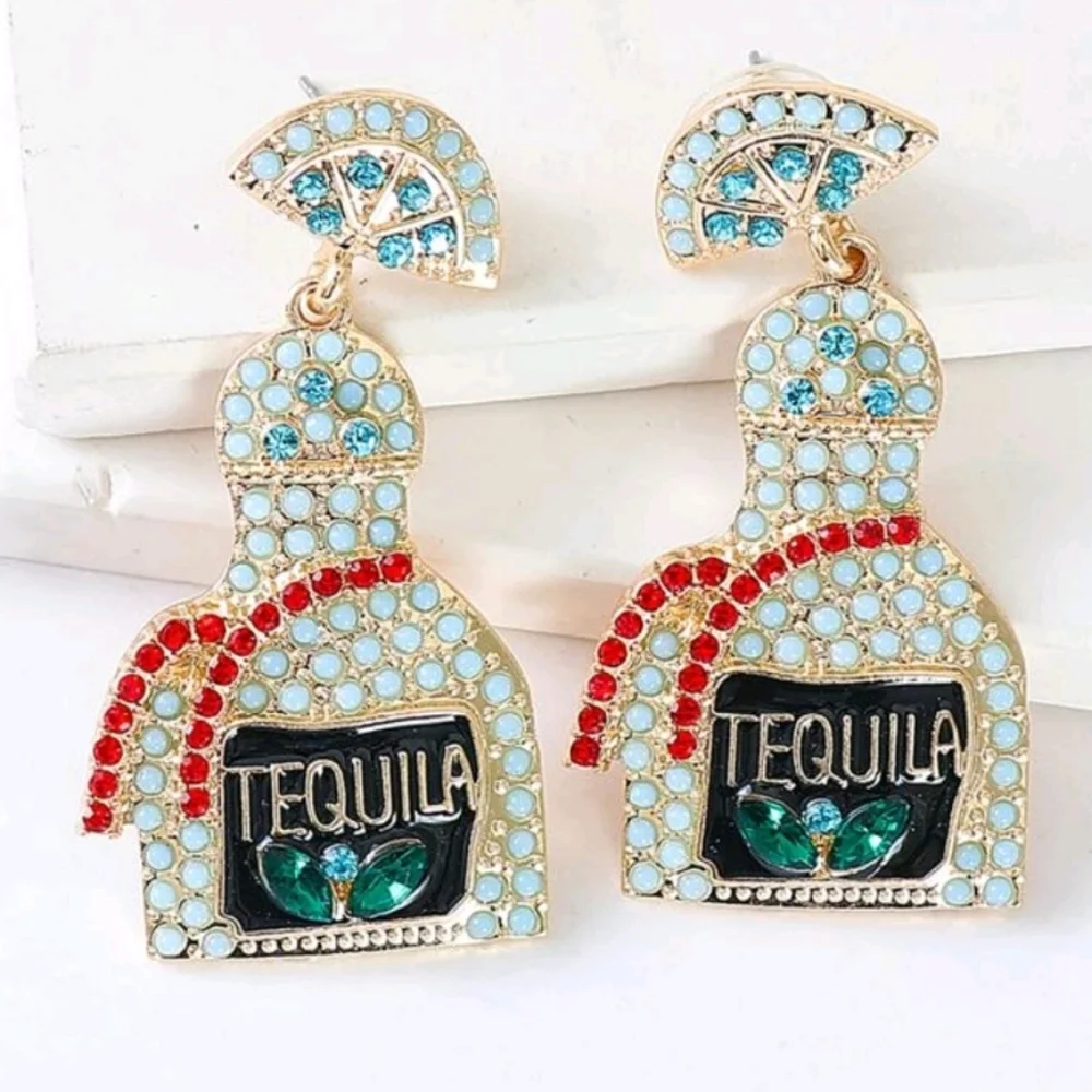 "On Tuesdays, We Wear Tequila" Drop Earrings - NEW! Aqua, Gold & Red RARE Colors - Picture 6 of 8